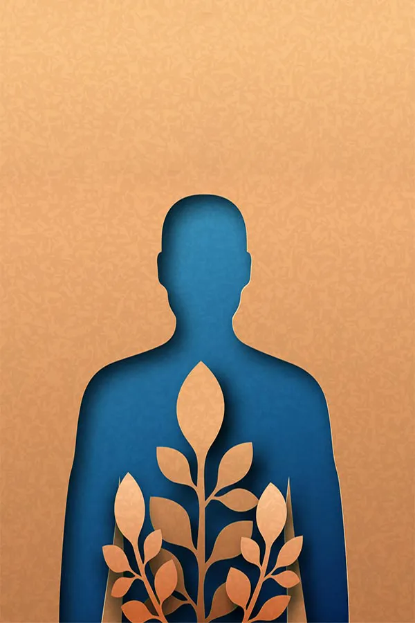 A human body shape cut out of cardboard with blue paper underneath and cardboard leaves on top, symbolizing functional medicine treatment from Tanya Zboril, NP of TBT Medical in Edmonton.