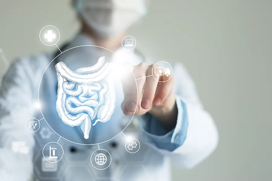 Tanya Zboril, NP of TBT Medical provides advanced Functional Medicine for Leaky Gut Syndrome treatments in Edmonton, shown by a doctor touching a glowing digital intestinal health display.